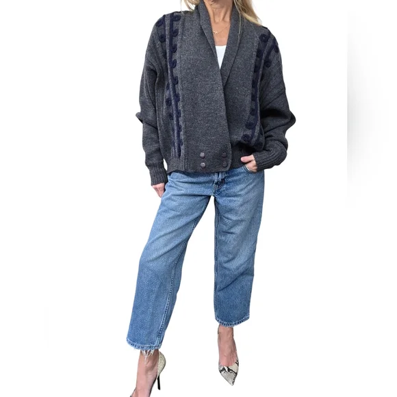 The Villager 1X Vintage 80s Wool Cardigan Shawl Collar Shoulder Pads Oversize - Picture 7 of 9